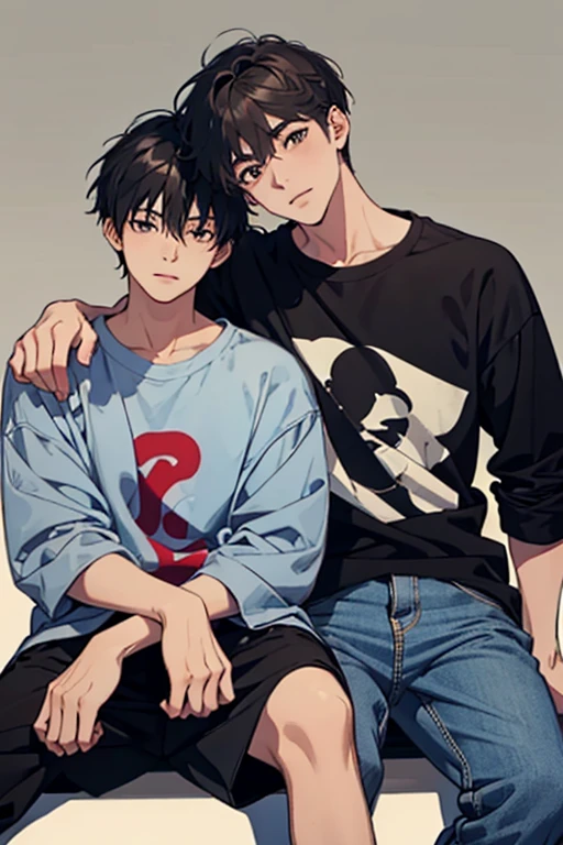 ((Best Quality)), ((Masterpiece)), (detailed),((illustration)), (rostro detailed) creates 2 muscular teens, 2 men, japanese traits, sitting on a black sofa, wearing baggy sweaters and short shorts.