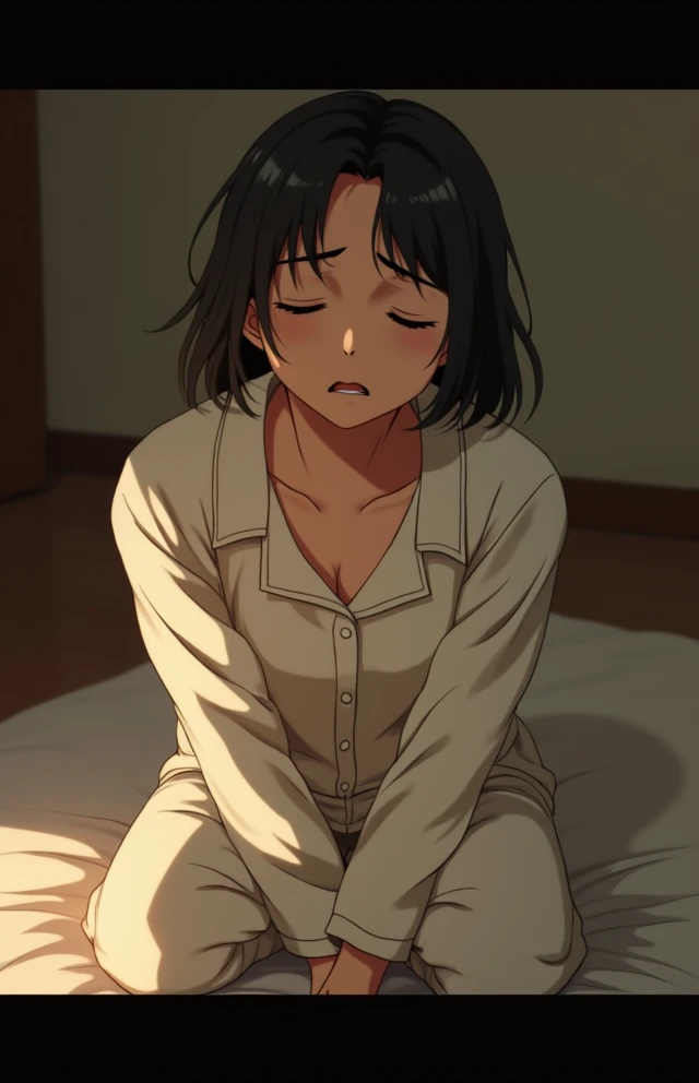 masterpiece, highest quality, , 1 girl, alone,Perfect beautiful light, looking at the viewer, Upper body, Depth of the bounds written, anime coloring book, , Kurokawa Akane, black hair,， Blu-ray,（（ (Closed eyes:1.5),））,（（open your mouth））,Lying on your back on the floor,　troubled expression,（（open your mouth:1.5））,exposed chest,Fully open white shirt,exposed chest,Medium chest,（（perfect nipples））,（（lie in bed））,Perfect tummy,blush,Pale-white lace panties,Perfect slim thighs