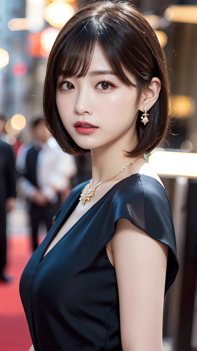 1 female, Beautiful Japanese actresses, Age 25, Double Eye,mile, Detailed face, Big earrings，Flashy makeup using red eyeshadow，Delicate light brown short hair，the tips of the hair are wavy，Classy hairstyle，fine grain,Slender actress, Small hips, Side Bust Barbosa),Butt crack, Bare waist, Bare back:1.3),Sexy silk embroidered mermaid dress:1.2), Short black hair, BREAK ceremony, Red carpet, Official Art，非常に詳細な CG Unity 8K 壁紙, (masterpiece:1.0),(Highest quality:1.0), photo shoot, 8K, Browsing Caution, High resolution, Kodak Portrait 400, Film Grain, Lens flare brilliance,View Audience, View from the front