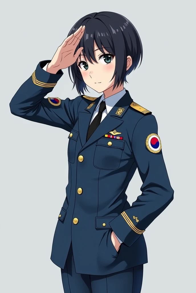 best quality, masterpiece, score_9, score_8_up, score_7_up, rating_safe, source_anime,
1girl, solo, adult, pilot, salute, cap, uniform, pants, airplane pilot, pilot uniform, greyish dark blue, washed dark blue, golden buttons,
simple background, empty background, white background,