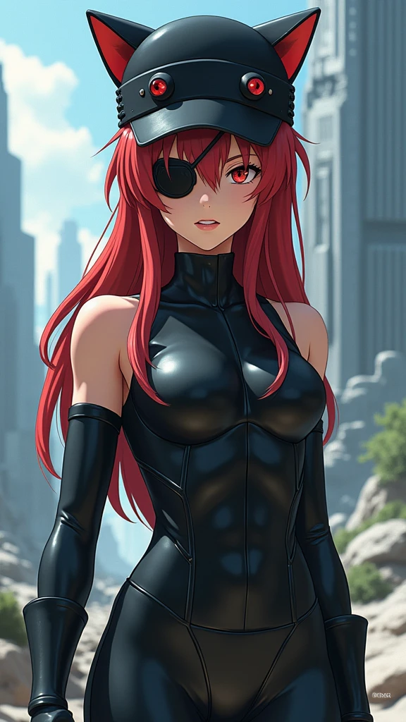 Asuka shikinami soryu, black cat ears hat, eyepatch on left eye, tall muscular, cold stoic, aircraft carrier, beautiful face, realistic, fondo city alienigena, (XLabs F.1 Realism LoRA V1),( asuka plugsuit-XLabs F.1 Realism LoRA V1. 5) 