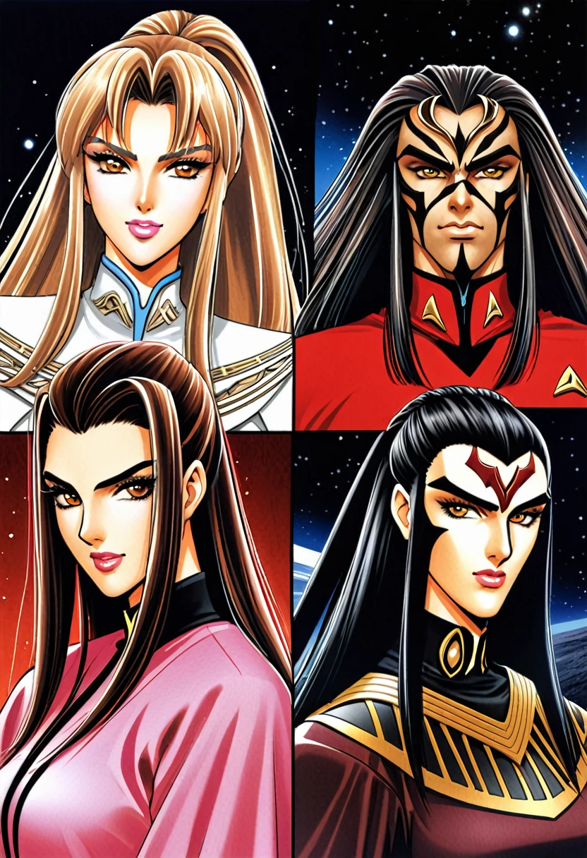 beautiful "8k very HD Higher resolution a Masterpiece"A strikingly beautiful very Star trek 'high quality very 8k"More Japan anime like beautiful "8k very HD Higher resolution a Masterpiece"A strikingly beautiful very very Klingonese very Klingon of very Ancient Klingon Empire homeworld Qonos very Klingon eybrows with subtly indented forehead facial ridges somewhat more nearhuman like ears somewhat dark Swarthy Klingon beautiful ladies afrom Qonos very Klingon style ancient kinda futuristic EMBLEMAMATIC AND REFLECTING THEIR WORLD-WORLDS Empire ancient traditional layered flowing robes and dress, long redbrown luxuriant full manes of hair and light Amber almond shaped like eyes .And with vibrant richer luxuriant lusher colors colorings shades tones against a very exotic beautiful looking very Klingonhomeworld nighttime up close Showing and depicting some of the ancient culture of Qonos and Klingons "a young very klingon beautiful exotic almost Jennifer Lopez kinda like in klingon formsvery klingon woman with very darker brownish blonde upswept updo hair very klingon like eyebrows less severe or too harsh looking bit kinda fierce more humanlike ears with "subtly bifurcated physically ridged indentions klingon like foreheads""in very old ancient old school style Klingon dress and fashions.With kinda biger heavier builds bodies overall.