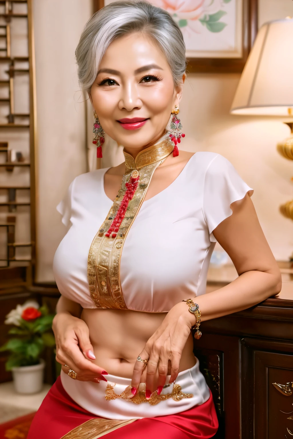 88 years old　mom　milf　Chinese Lady　large earring　Big choker　navel piercing decoration　A bracelet　realisitic　Gorgeous Madame Beautiful Mature Woman　sexly　Smile　Gentle woman navel piercing　４K　High quality　Bustier　Shapewear