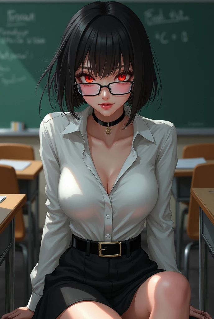 (masterpiece, best quality: 1.2), yoru(chainsaw man),(very detailed face, real image, realistic skin, realistic body, intricate details), red eyes (intimidating look), light blush, social clothing, semi-open button-up shirt (White), white bra, Skirt (black), black belt with buckle, short hair, glasses, small breasts, close-up, large thighs, classroom, blackboard.