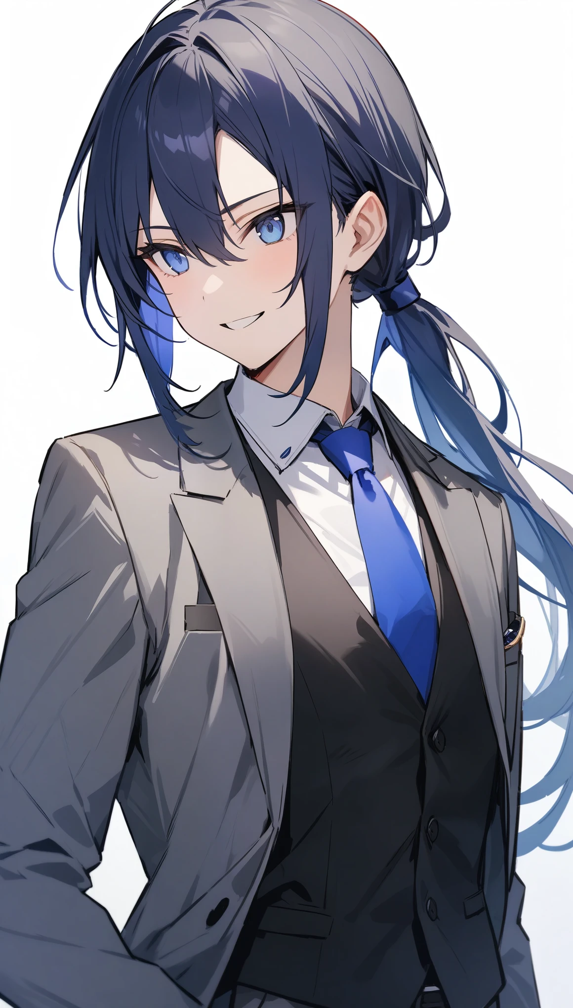 {{masterpiece}}, The best quality of life, 超High resolution, High resolution, Highest quality, 4K, 8k,Attention to detail、BREAK、alone,One handsome man, (Blue Violet color long hair、Low Ponytail)、Perfect dark blue eyes、Grey suit、Black vest、watch、BREAK、Watching Me、smile、BREAK,((White background))