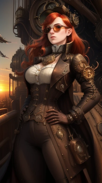 (masterpiece, high quality) 1 girl, whole body, general shot from head to toe, realistic, detailed, detailed hands, beautiful girl, beautiful face, red hair, hat, aviator glasses, random haircut, looking ahead, one hand on hip, accessories, city in background, airship in background, Sunset, lighting, contrast, Victorian style, steampunk