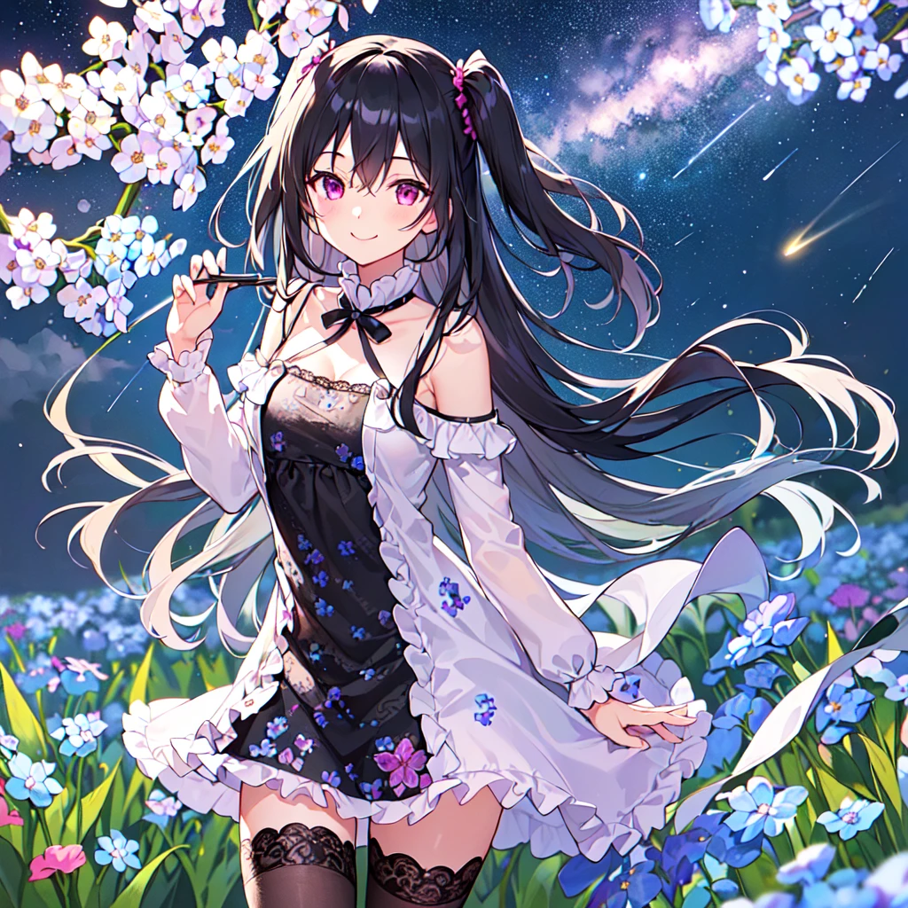 masterpiece, best quality, high quality, extremely detailed, very delicate and beautiful, (1 female 18 years old alone solo:1.5), (long black hair up to waist with two side up:1.5), bangs to eyebrows, eyes (eyes sharp and strong, glossy glossy eyes, eyebrows glossy, (eye color magenta:1.3), 6.5 head height, (pentas flower print fashion:1.3), (smiling), (running:1.3), (dynamic pose), (background pentas flower field:1.3), (Milky Way Night Sky:1.3)