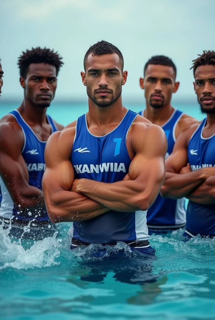 ((masterpiece, best quality, extremely detailed, highres, 8k, detailed face)),Four male surfers arm in arm, full body description, short black hair, university students