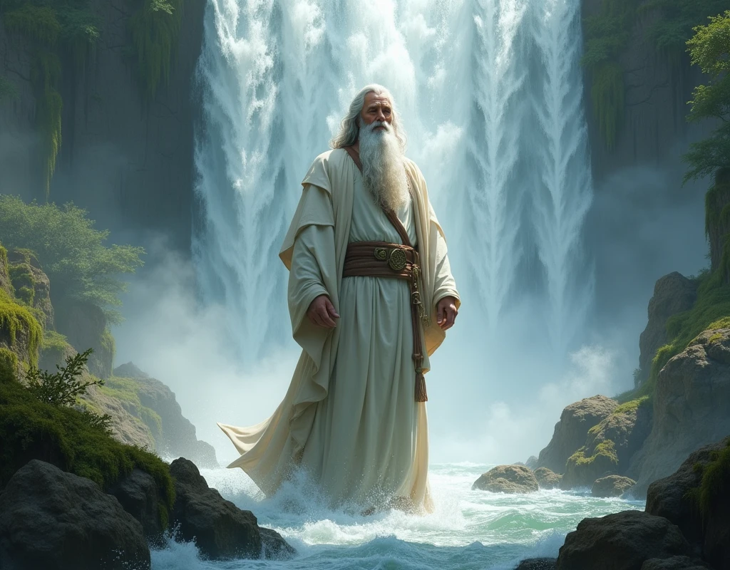 solo (Old Gandalf) naked, nude, (Bearded, wise, old man), muscular ,hairy, bearded (standing, full length portrait, three-quarter view, looking at viewer, showing his big hairy penis),perfect penis,muscular penis, (drops of cum dripping from his penis), (Paradise, nature, plant, flower, water, sunlight, glowing white light:1.25)