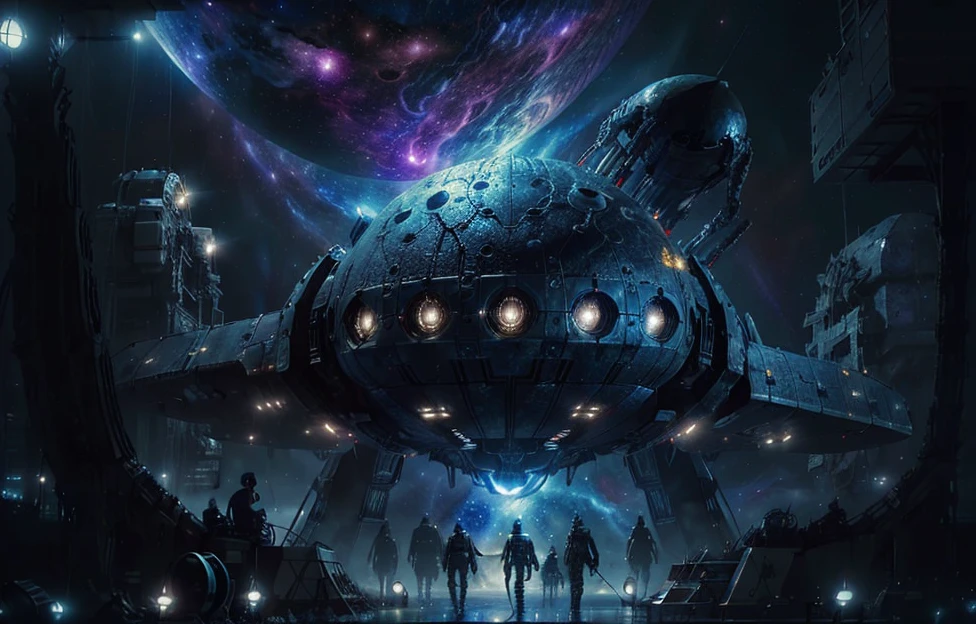 A huge spaceship,full bodyesbian，Solo，Spaceships in the Avengers，seen from outside，(multiple lighting sources:1.5),Detailed hull details,Walking through a wormhole，Cosmic galaxy background,Escaped spaceship,((Best quality)), ((Masterpiece)), (Epic composition:1.2), (unreal 5 render:1.1)