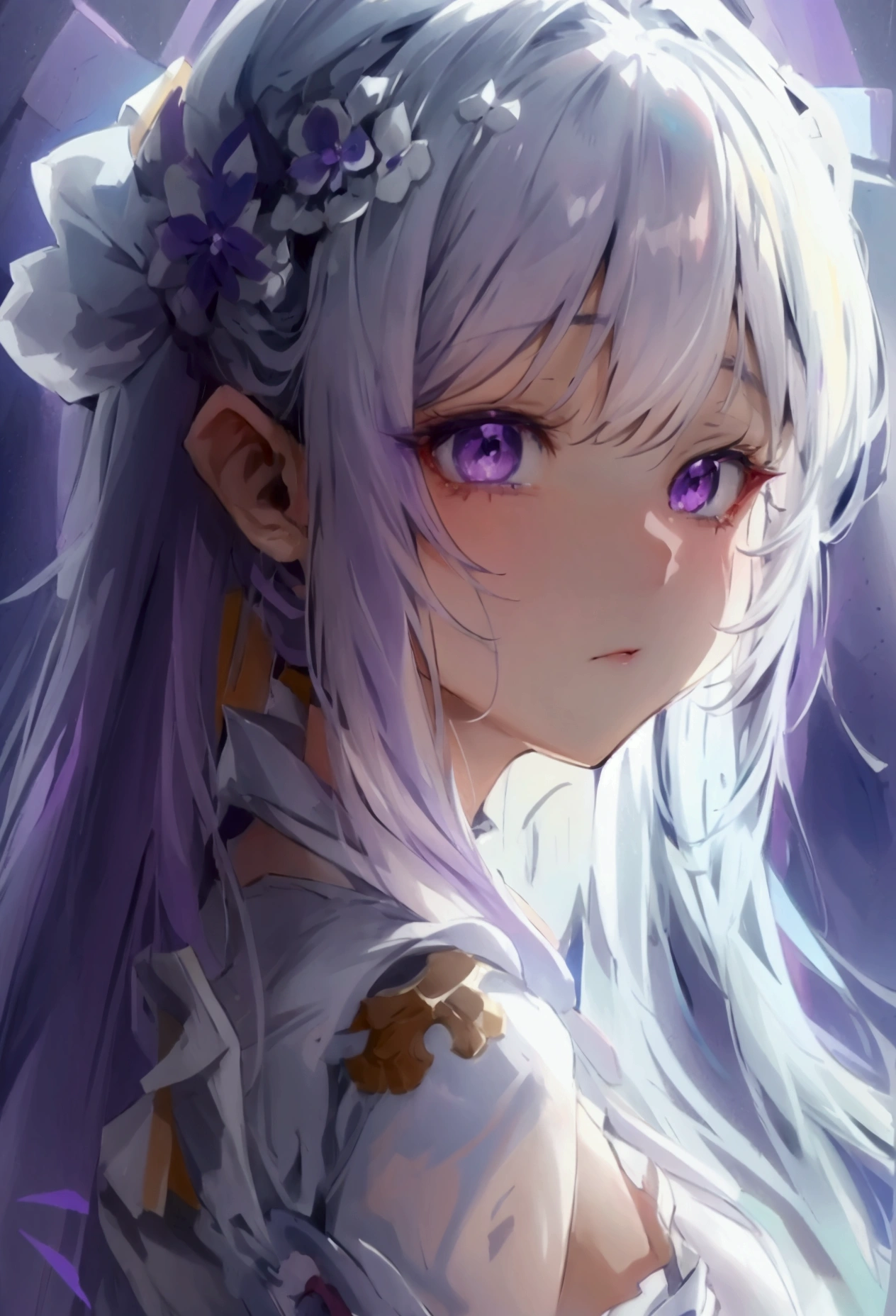 Anime girl,white long hair,purple edges, periwinkle color eyes, white beautiful dress,cute background