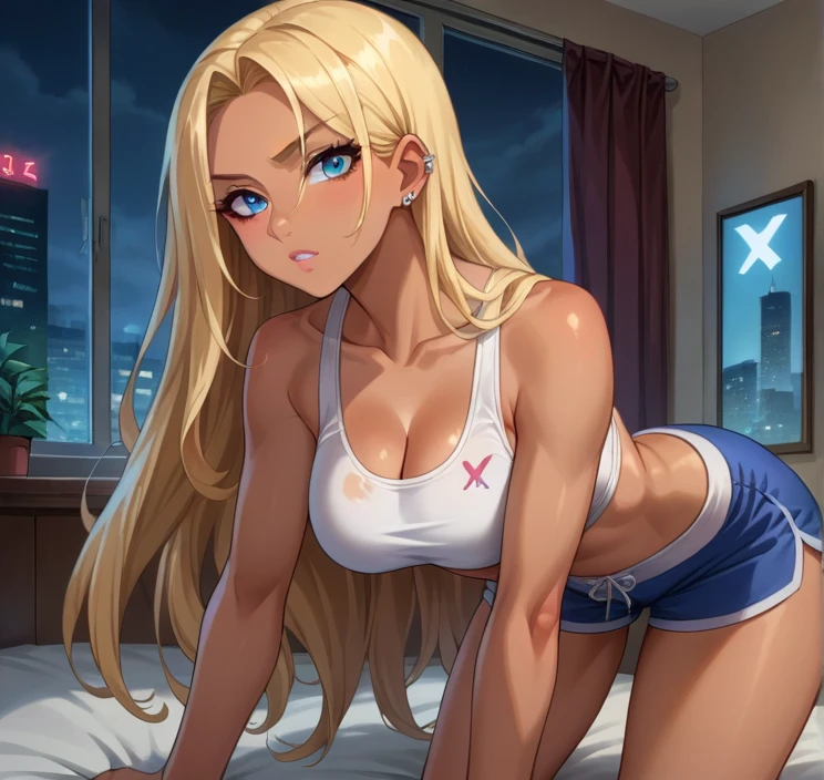 score_9, score_8_up,score_7_up, source_anime, 1girl, solo, Storm(X-Man)
, blue eyes,blonde hair, very long hair,medium breasts, perfect body, nice body, curvy,ear piercing, (all white sports bra,shorts),bedroom, at a dark room, at night , city view from the window, gyaru,Wavy Hair, Parted Bangs, 