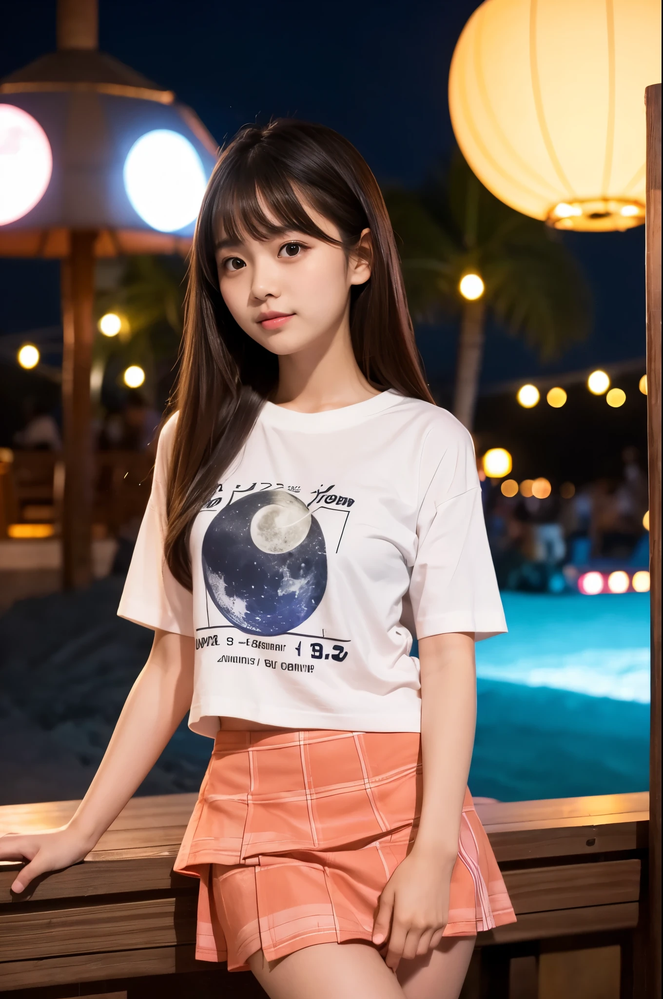 8k,Japanese,,innocent face,teenage girte,transparent short skirts, transparent summer clothes, sitting,black hair,on the bed,coastline,hair clip,night view,starry sky