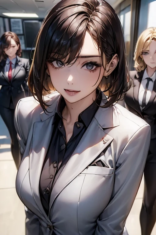 ((Businesswoman, Three sexy women in suits:1.6)), Sexy smile, Portrait, (Short Curly Hair, Bob Hair, Straight Long, Different hair colors), (office)