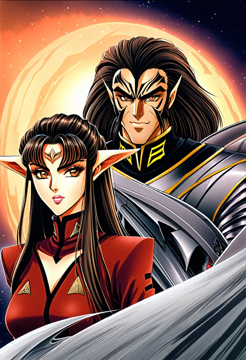 beautiful "8k very HD Higher resolution a Masterpiece"A strikingly beautiful very Star trek 'high quality very 8k"More Japan anime like beautiful "8k very HD Higher resolution a Masterpiece"A strikingly beautiful very very Klingonese very Klingon of very Ancient Klingon Empire homeworld Qonos very Klingon eybrows with subtly indented forehead facial ridges somewhat more nearhuman like ears somewhat dark Swarthy Klingon beautiful ladies afrom Qonos very Klingon style ancient kinda futuristic EMBLEMAMATIC AND REFLECTING THEIR WORLD-WORLDS Empire ancient traditional layered flowing robes and dress, long redbrown luxuriant full manes of hair and light Amber almond shaped like eyes .And with vibrant richer luxuriant lusher colors colorings shades tones against a very exotic beautiful looking very Klingonhomeworld nighttime up close Showing and depicting some of the ancient culture of Qonos and Klingons "a young very klingon beautiful exotic almost Jennifer Lopez kinda like in klingon formsvery klingon woman with very darker brownish blonde upswept updo hair very klingon like eyebrows less severe or too harsh looking bit kinda fierce more humanlike ears with "subtly bifurcated physically ridged indentions klingon like foreheads""in very old ancient old school style Klingon dress and fashions.With kinda biger heavier builds bodies overall.With even more darker looks features exotic.Show them on the Klingon homeworlds.