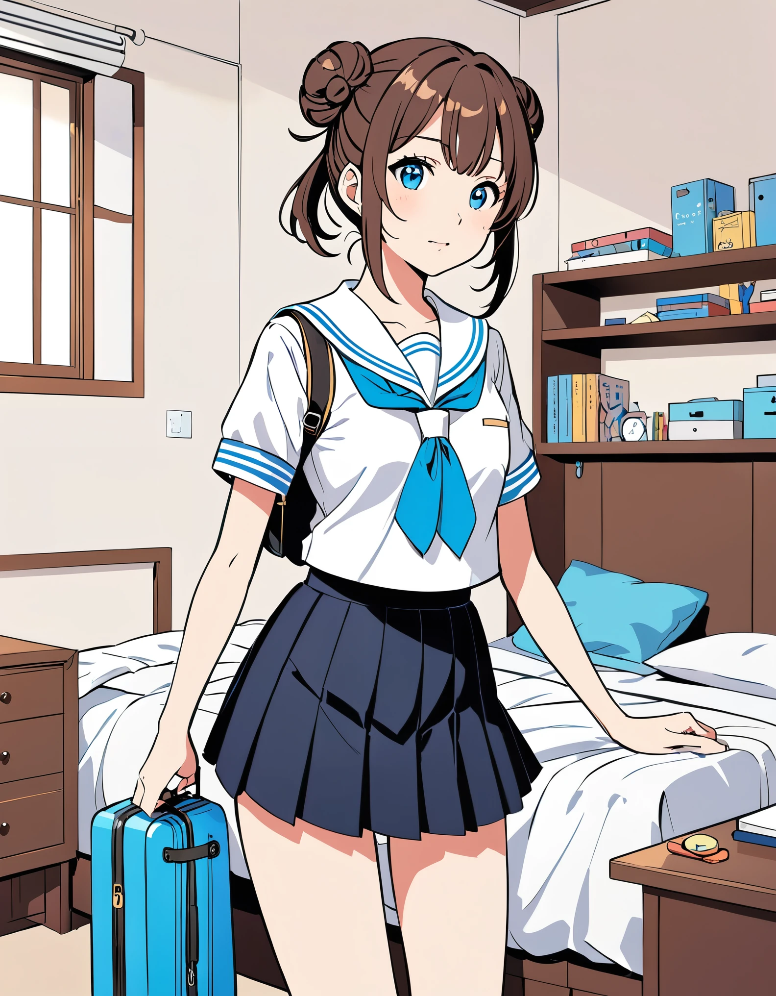 (masterpiece, 4k ,ultra detailed:1.2),(beautiful face:1.2),(anime:1.2),illustration,(solo:1.2),(looking at viewer:1.4),portrait,(supermodel:1.3),(blue school uniform:1.3),(red hair),13yo,(simple choker:1.1),(yellow panties),(string,abs,smartphone,child,small breasts,petite:1.1),(sfw,nipple,flat chest,un dress,:1.4),(from below),(full body:1.2),(flower hair ornament),(multi view:1.3)