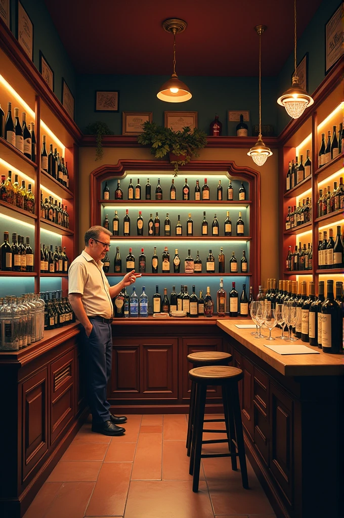 A bar magic shop, far away, sitting, drinking red wine, lonely, feminine, sexy, long brown hair, woman, vista, surrealism, surrealism, surrealism, cinematic lighting, masterpiece, 8k, --v6
