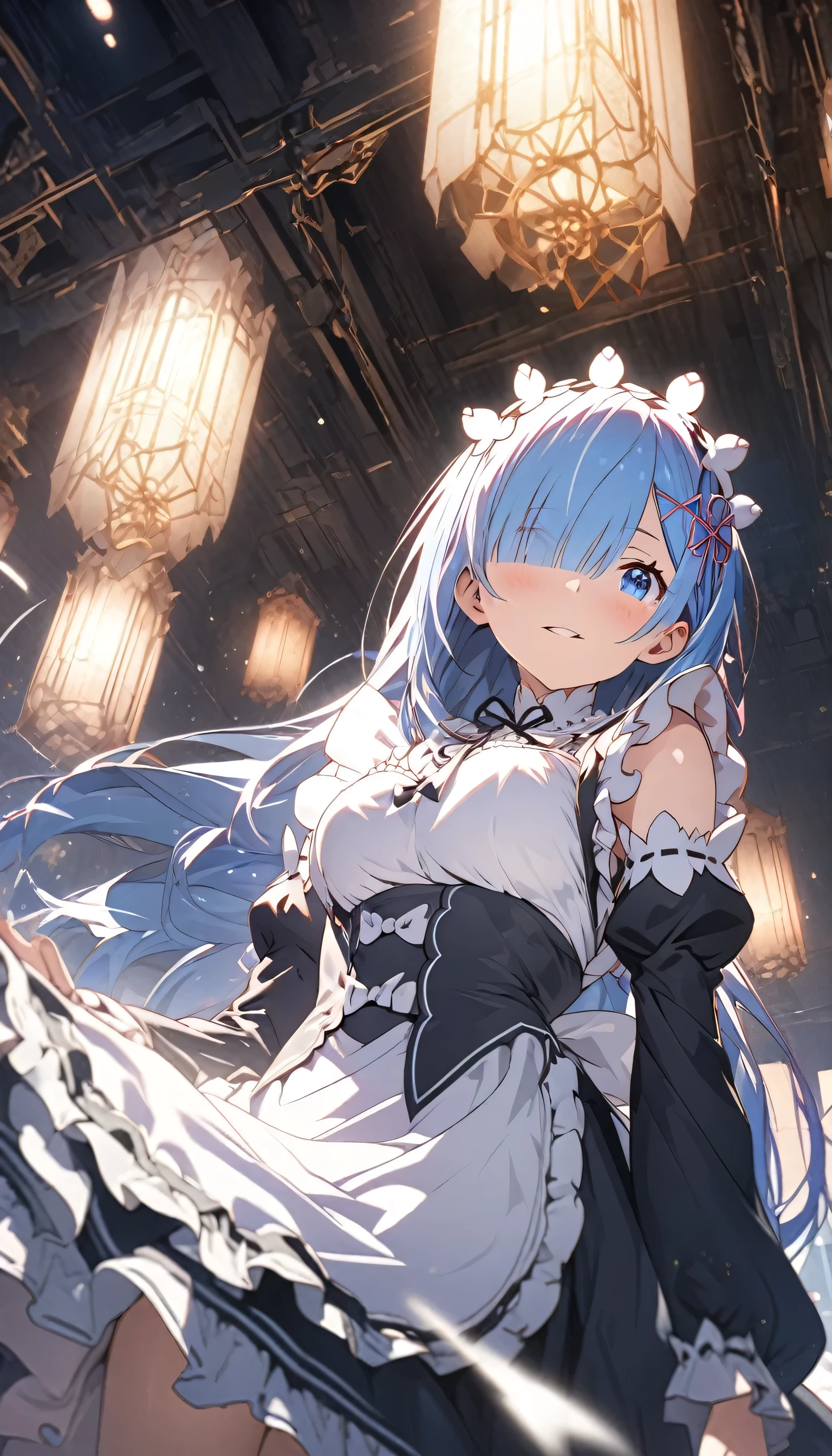 rem, Re:NULL, A high resolution, ultra detailed,((pixel perfect, perfect in detail))), aboutдин, 1 girl,  REM sleep, Roswaal Mansion Maid Uniform, maid headdress, Looking at the viewer, smile, ., High view, particles and hard light, cut corner. depth of field、natural soft light、professional lighting、aboutтличная smile、(highly detailed skin: 1.2)、Photorealistic render of an anime girl、Bright highlights of the eyes、Ideal Anatomy、、permission 8k、complex parts、Toned waist、Wide buttocks、Эффект Тиндаллаmasuter piece、top quality、Highest standards、Highest image quality、table、complex parts、A high resolution、depth of field、natural soft light、professional lighting、about, standing, very long hair, cowboy shot, brilliant, brilliant hair, (night:1.2),Dreamy, [[gentle fingers and hands:0.55]::0.85],(detailed fingers),),(emotional),(breathtaking),(main part:1.2) whole body.), (Anime Style), (Super Detailed), (brutal), (uhd, HDR), (8K), (High Resolution: 1.2), (Complex and Beautiful: 1.2)