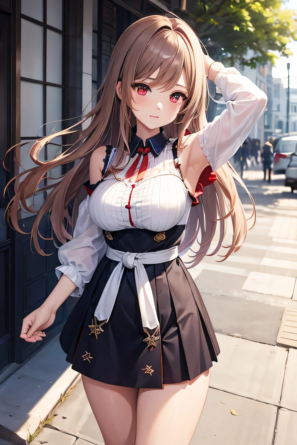 game , Goddess of Victory nods, neat , light brown hair, captivating eyes ,beautiful face , Crystal Red Eyes , long hair , Korean style ruffle blouse with off shoulder top , blue , split,White color solid ribbed knit sleeveless pencil skirt ,Selfie Wind, 1pcs hand bag,,G-cup breasts, slim waist, Alluring thighs, Five fingers on each hand, Two hands ,two legs , in town, date, standing, beautiful, high heel, daylight, Recreational park, One hand behind your head, armpit,