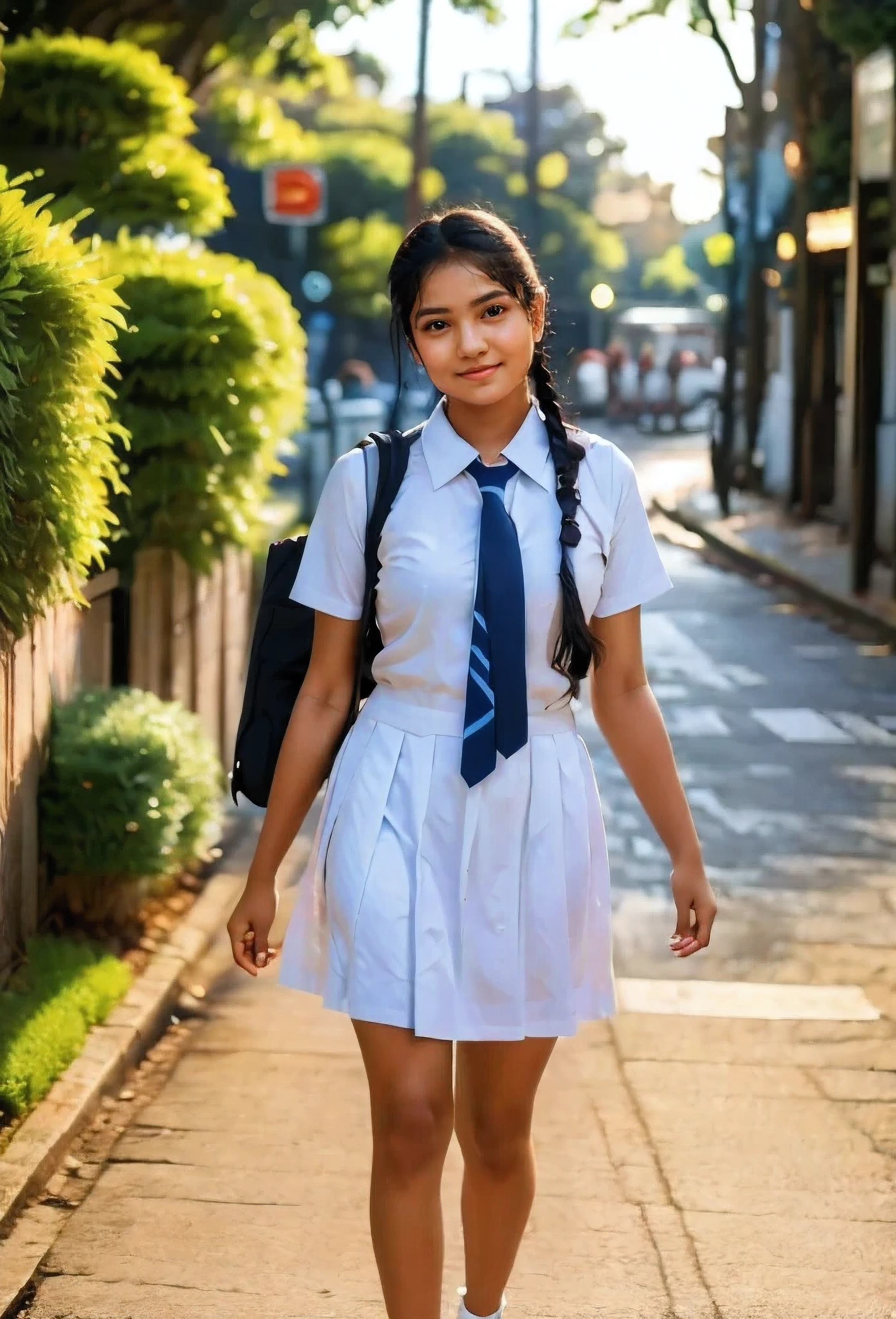 Raw photo,one beautiful Sri Lankan girls, with plaited hair, she coming towards the camera in a school walkway in a joyful happy mood, wearing white frocks and blue color ties, white shoes, professional photographer, (hdr:1.4), masterpiece, ultra-realistic 8k, perfect artwork, intricate details, cute face, award winning photograph, (Best quality, 8k, 32k, Masterpiece, UHD:1.3) ,more cute,more beautiful, free hand, looking nice, 1 girl only, one girl