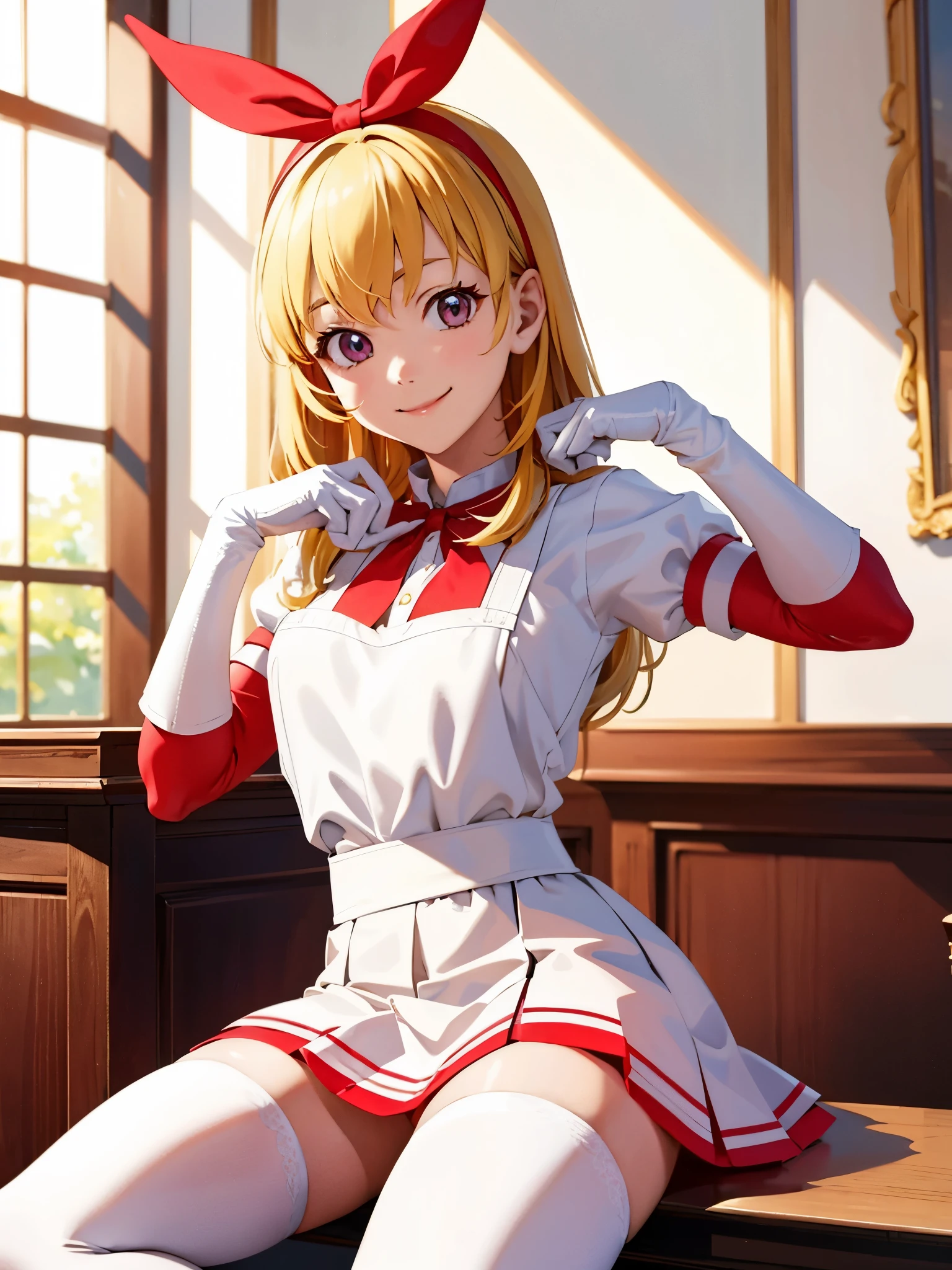 (best quality,4k,highres:1.2),ultra-detailed,realistic:1.37,portraits,vivid colors,indoor lighting

Girl with red ribbon on a headband is sitting at a table. She has beautiful blond hair and is wearing a nurse:1.5, white wear, ((white legwear, zettai ryouiki)), white gloves. She is looking at the viewer with an adorable smile. The scene has a very detailed background with perfect lighting. The girl is lifting her skirt slightly, revealing a pair of red panties with a pointed style from the bottom. The overall image should have the best quality, be in high resolution, and have vivid colors. The style of the image should be realistic with a focus on portraits. The lighting should create a warm and inviting indoor atmosphere.