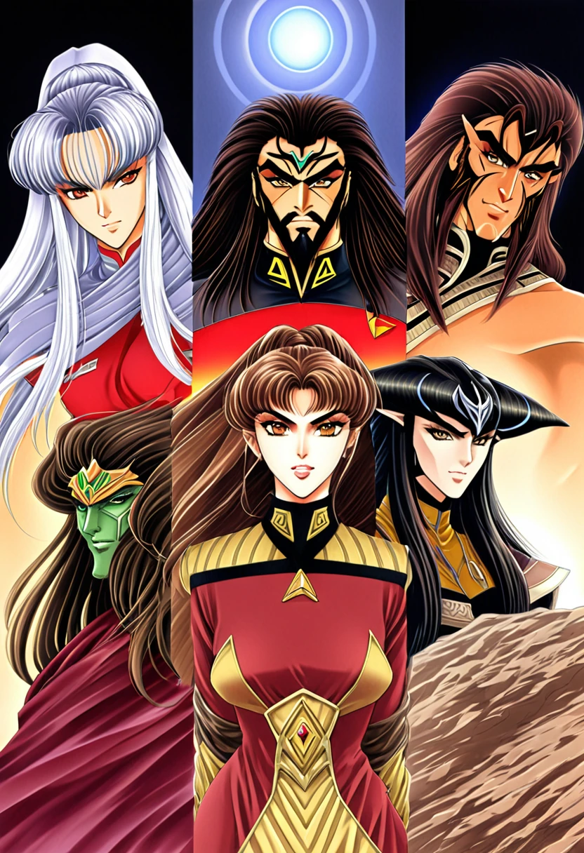 beautiful "8k very HD Higher resolution a Masterpiece"A strikingly beautiful very Star trek 'high quality very 8k"More Japan anime like beautiful "8k very HD Higher resolution a Masterpiece"A strikingly beautiful very very Klingonese very Klingon of very Ancient Klingon Empire homeworld Qonos very Klingon eybrows with subtly indented forehead facial ridges somewhat more nearhuman like ears somewhat dark Swarthy Klingon beautiful ladies afrom Qonos very Klingon style ancient kinda futuristic EMBLEMAMATIC AND REFLECTING THEIR WORLD-WORLDS Empire ancient traditional layered flowing robes and dress, long redbrown luxuriant full manes of hair and light Amber almond shaped like eyes .And with vibrant richer luxuriant lusher colors colorings shades tones against a very exotic beautiful looking very Klingonhomeworld nighttime up close Showing and depicting some of the ancient culture of Qonos and Klingons "a young very klingon beautiful exotic almost Jennifer Lopez kinda like in klingon formsvery klingon woman with very darker brownish blonde upswept updo hair very klingon like eyebrows less severe or too harsh looking bit kinda fierce more humanlike ears with "subtly bifurcated physically ridged indentions klingon like foreheads""in very old ancient old school style Klingon dress and fashions.With kinda biger heavier builds bodies overall.With even more darker looks features exotic.Show them on the Klingon homeworlds.IN MORE ancient historical periods.