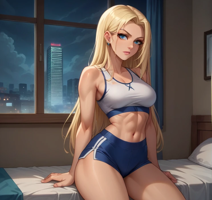 score_9, score_8_up,score_7_up, source_anime, 1girl, solo, Storm(X-Man)
, blue eyes,blonde hair, very long hair,medium breasts, perfect body, nice body, curvy,ear piercing, (all white sports bra,shorts),bedroom, at a dark room, at night , city view from the window, Parted Bangs, Straight Hair, 