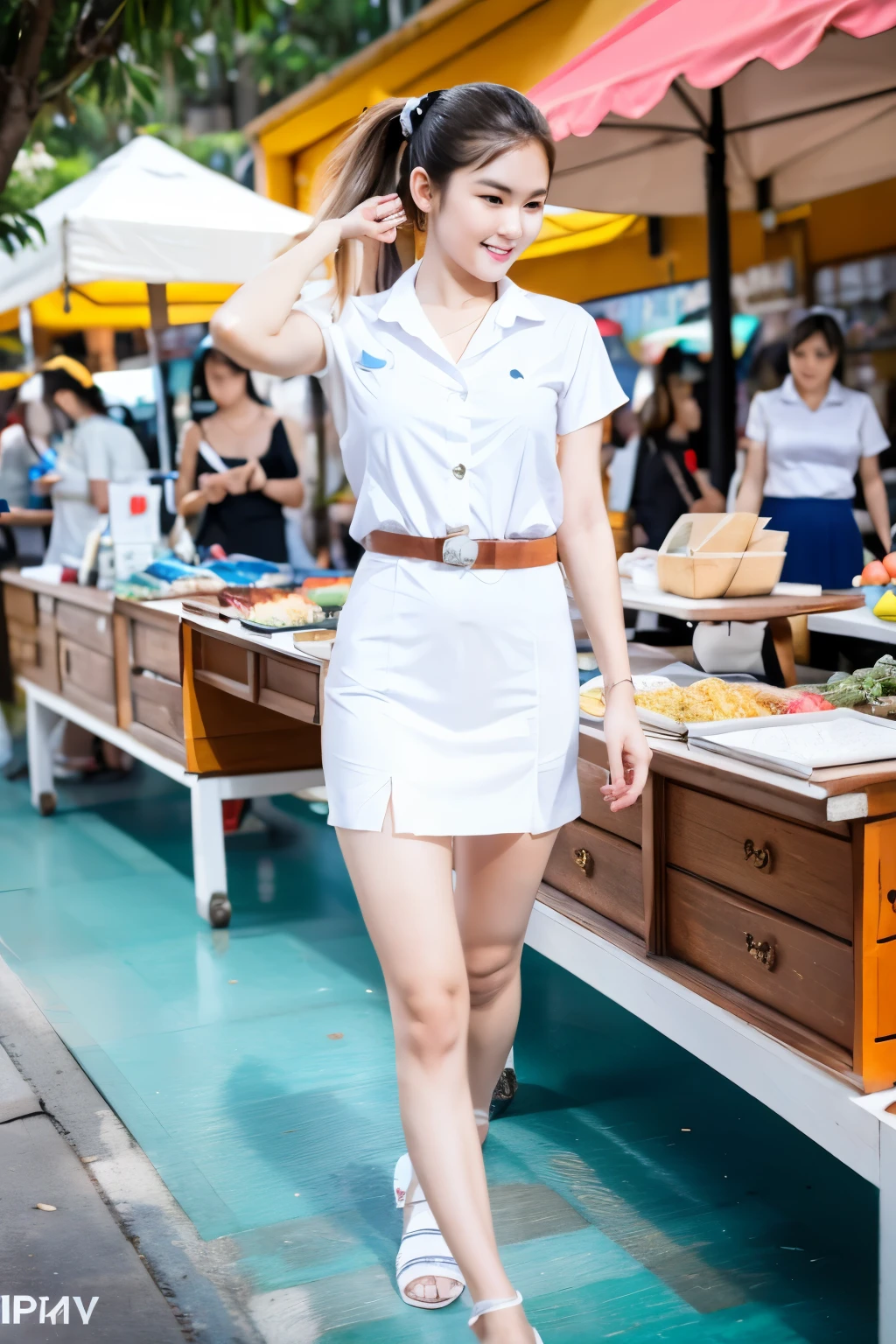 very sexy woman, slender shape, white and smooth skin, beautiful face, ponytail hair set, wearing thailand student uniform, walking in flea market at Pattaya Thailand, a lots of people around her, candid photography, taken by Sony camera a7r4, lens at 85mm f1.2gm