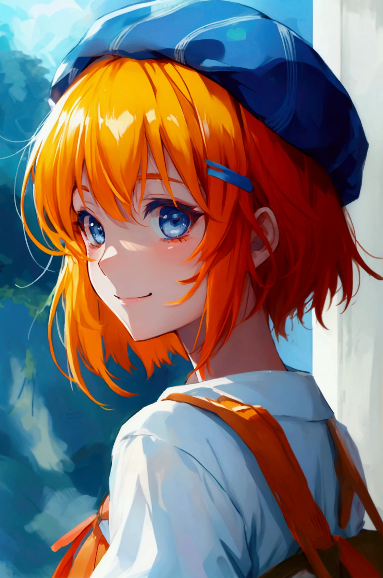 higurashi no koro ni, rena ryuugu, closeup, eyes, kawaiitech, cute, best quality, smile,outside background,looking at viewer,smiling,young woman,orange hair,white beret,blue eyes