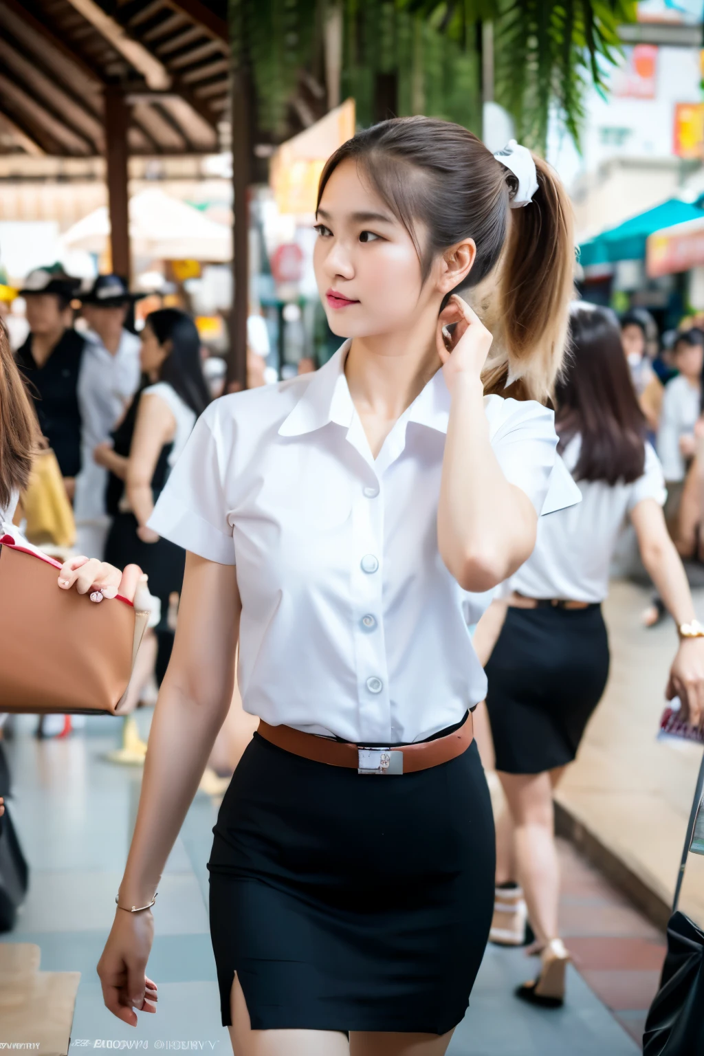 very sexy woman, slender shape, white and smooth skin, beautiful face, ponytail hair set, wearing thailand student uniform, walking in flea market at Pattaya Thailand, a lots of people around her, candid photography, taken by Sony camera a7r4, lens at 85mm f1.2gm