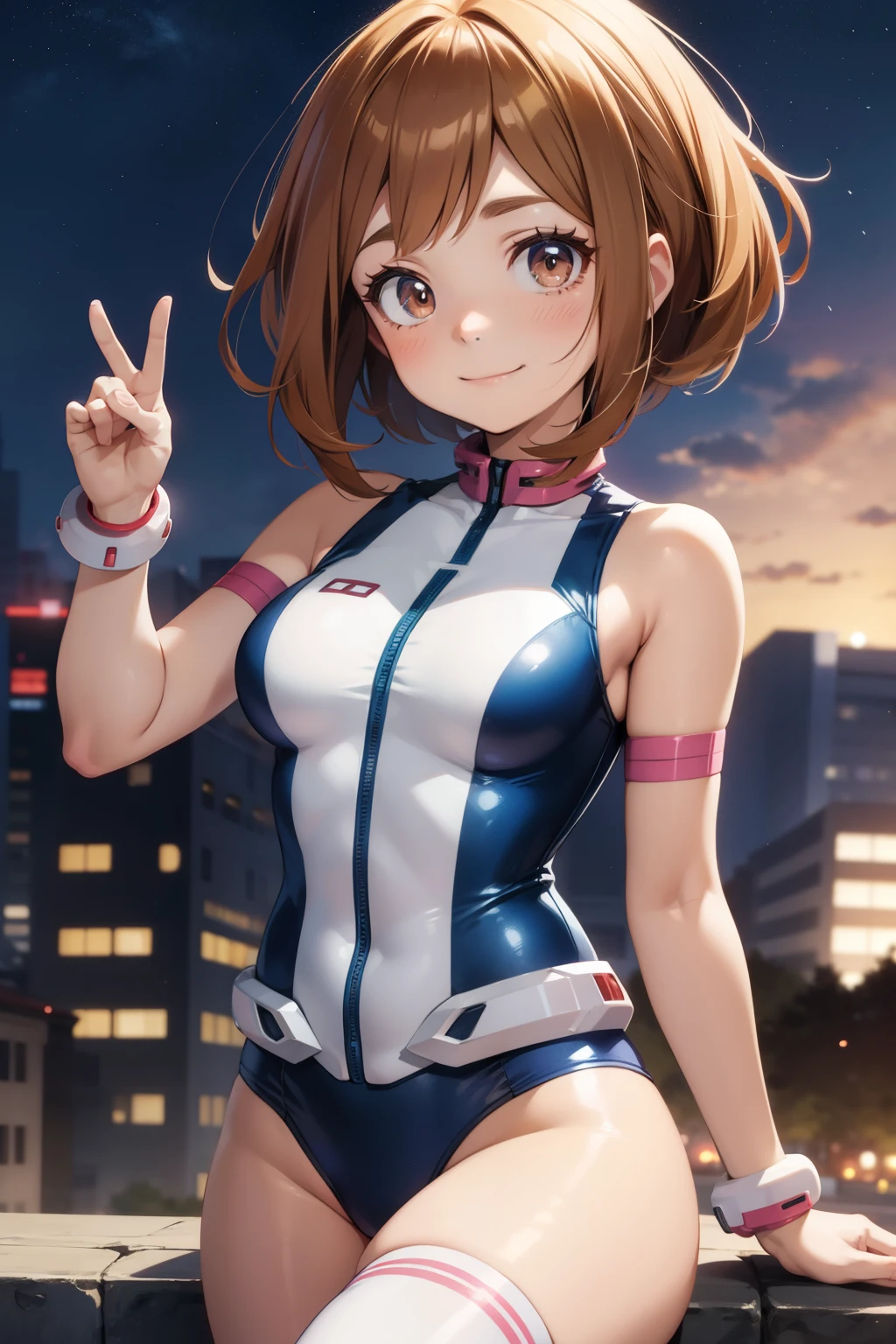 Ochaco Uraraka  ,1girl , anime , masterpiece  ,  smug smile ,short hair, hero uniforme  leotard  ,uravity  , medium  breasts , coxas , night  city, sexy 