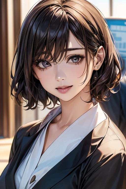 ((woman３people)), (Businesswoman, スーツ姿のセクシーなwoman:1.7), Sexy smile, Portrait, ((Short Curly Hair, Bob Hair, Straight Long, Different hair colors)), (office)