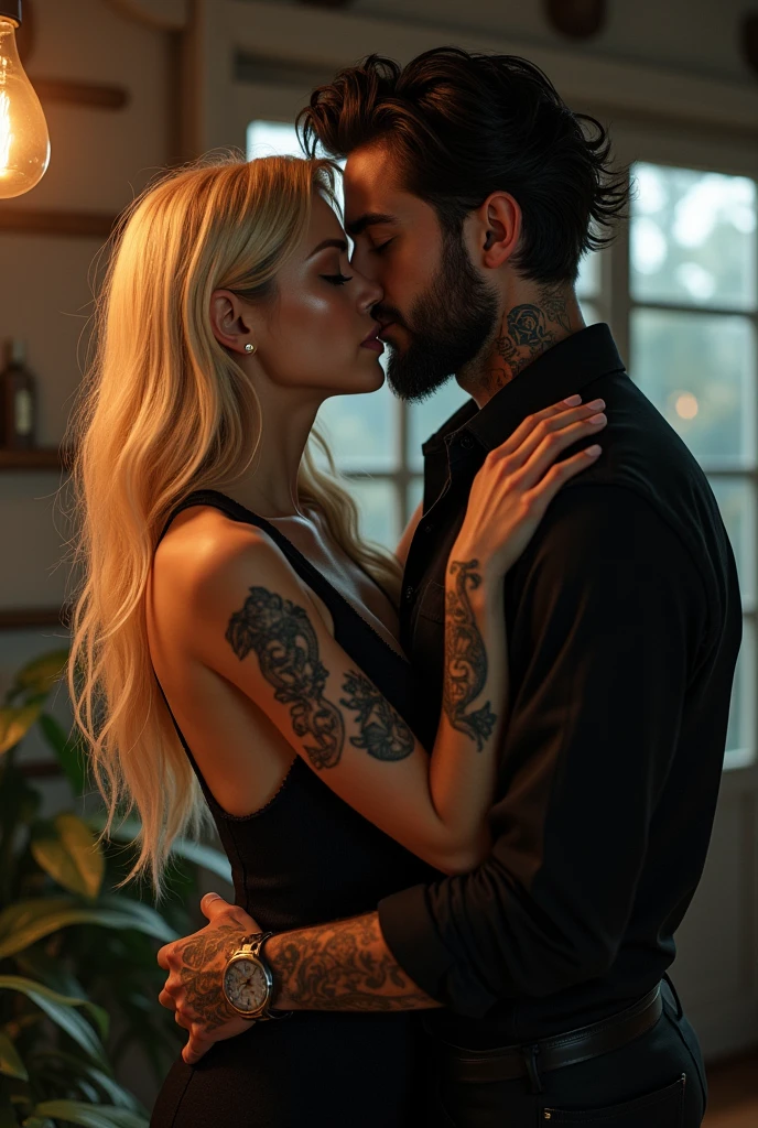 a couple in love touching each other, tall and strong man, beautiful light brown hair green eyes, blonde haired woman of Italian blood, tall and beautiful full lips, they both have tattoos