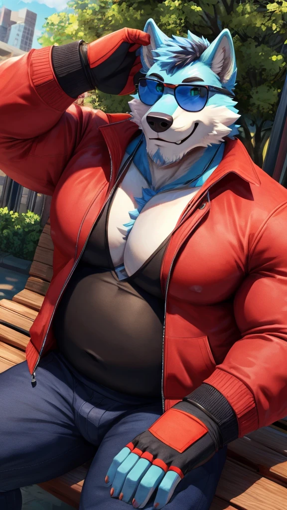 A fursuit Fox male with full body tattoos male pubic hair handsome passionate thong very sexy and tight blue eyes red fur alone at home outdoors posing for the camera looking at the viewer with a perverted smile now to match daddy a bow tie and a super strong red t-shirt, muscular, pumped, gross, hot, naughty and wild. crossed arms