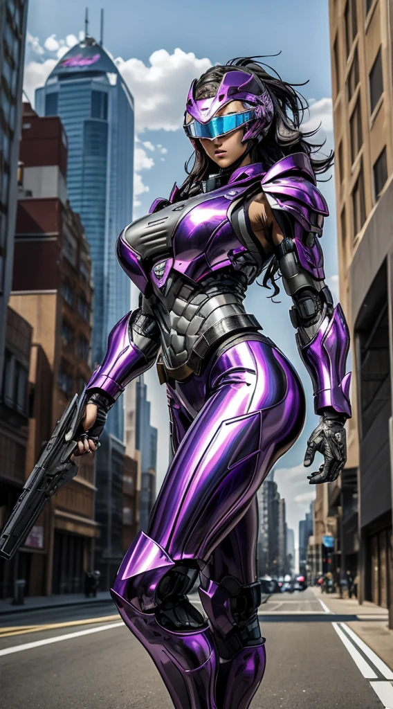 Female Robocop Solo、Bright outdoors、strong light source、8k, high quality, masterpiece, 最high quality, Crisp contrast、Very detailed、full body armor、Very large armor、Helmet covering the head、Clear photos、The eyes are pale, Translucent Straight Goggles.:1.3、The lower half of the face is raw々Shii:1.5、The lower half of the face is exposed、Seductive lips、Purple metallic armor、black accent color、Armor that completely covers the chest、length, Thin legs、Vibrant Posello Body View,Big and ample breasts:1.8, (Sports Body:1.5)、Five Fingers、Hold a gun、In the city