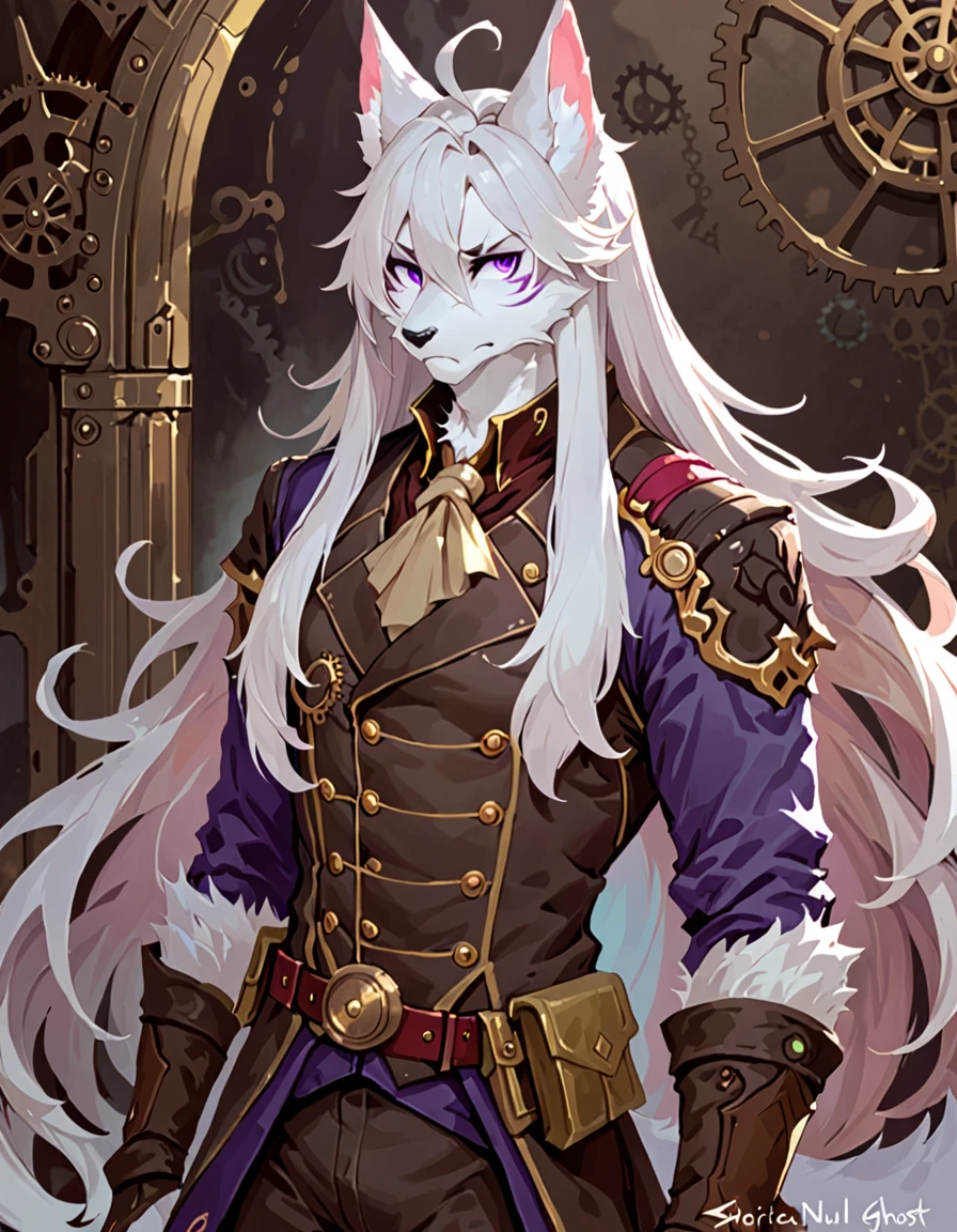 male kitsune anthro, long white hair, long straight hair, solo, by sdorica, by null-ghost, afkarena artstyle, steampunk military outfit, markings, purple eyes, divine,pure whitr fur, serious