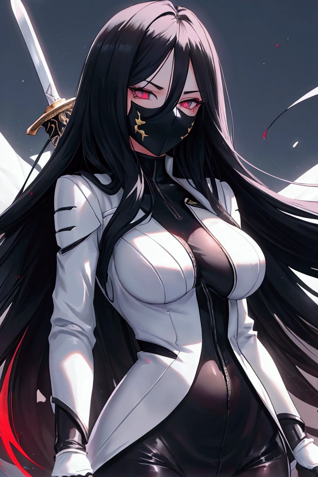 Android women, long black hair, digital eyes, large breasts, fair skin, full bodysuit, digital face mask, sword, city streets, 