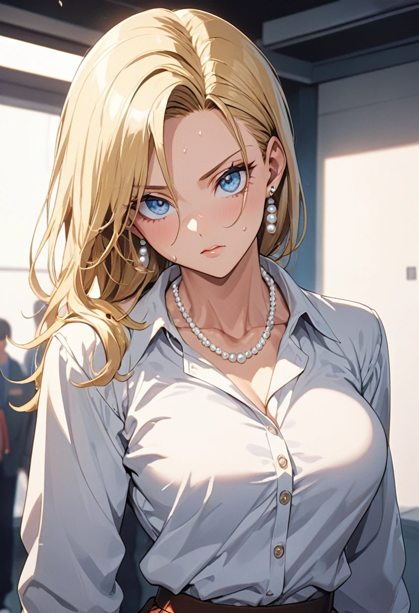 (best quality, highres), portrait, upper body, cool type adult woman, long hair, swept-side bangs, [[[brown hair]]], blonde hair, brown eyes, turtle neck tank top, big breast, plain  ultra detailed cg,
 
A girl is on all fours in the grass in a meadow. She is carrying a large dog on her back, mating.
Her face is bright red and flushed, her brow is furrowed, her mouth is open, and she looks like she is about to cry.

She is wearing a very short skirt.


