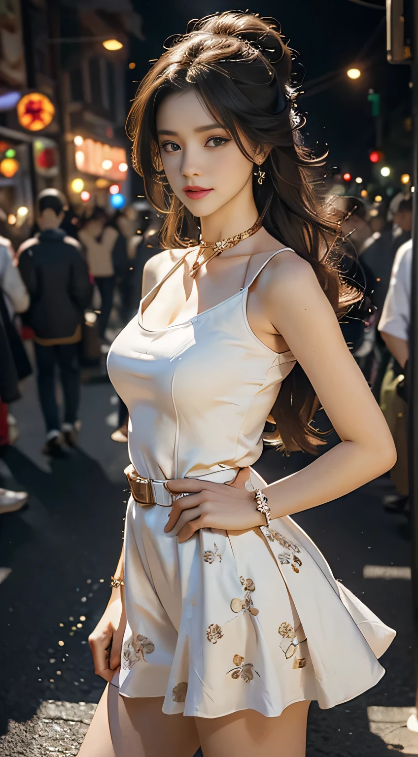 ((realistic)), a young girl, beautiful teenage girl, White floral dress, high-waist, Nice belt, cropped shoulders, slim, Slimming the waist, high-heels, Shy, grin, 耳Nipple Ring、choker necklace、Hairpins，Heavy makeup，Gorgeous eye makeup，extremely beautiful eyes, golden hair, curlies, Long flowing hair, simple backgound, Street photography, walking casually, Cross ed leg, Flirting skirts, posed for photo, posing elegantly, Random shooting angle, warm lights, a warm color palette, Professional lighting, フォトンマッピング, ラジオシティ, Physically-based rendering, RAW photos, Best quality, beauitful face,  Beautiful skins， Attractive， 超高分辨率， ultra real photo