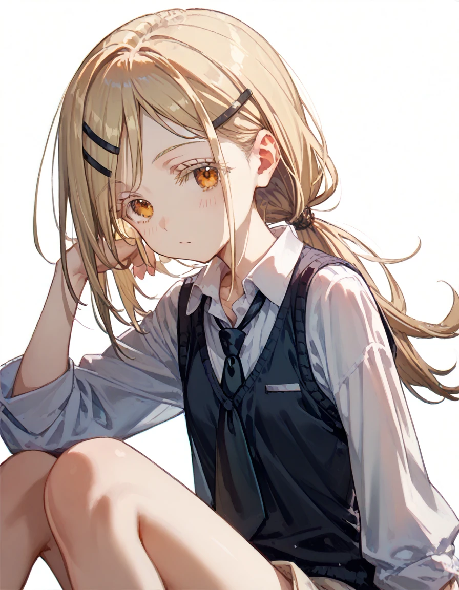 shinosawa hiro,slender,amber eyes,white eyelash,blonde hair,long hair,hairclip,white background,flat chest,necktie,black vest,low ponytail,sitting,black necktie