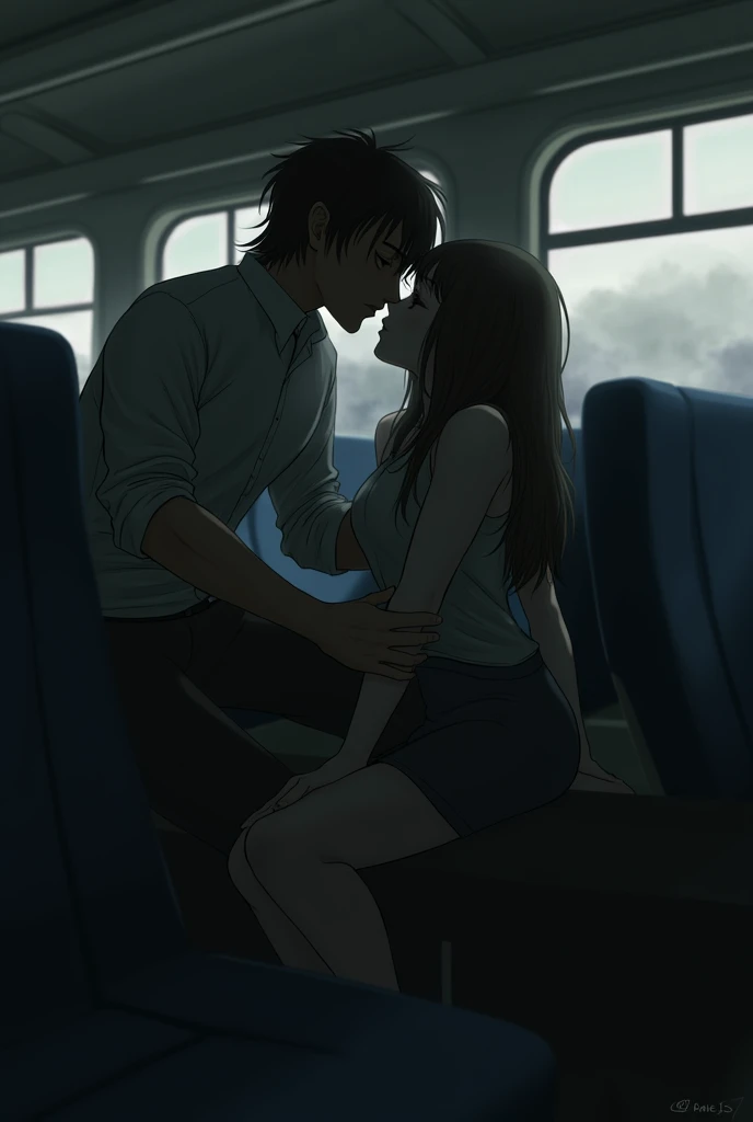 A naked middle-aged man is inserting his penis into the vagina of a small-breasted girl who is lying down on a train, crying, with black bob hair, erect nipples, pale pubic hair, topless, no underwear, wearing a plaid skirt, feeling embarrassed and scared, and resisting.、whole body