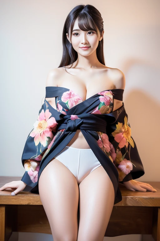 in 8K、超A high resolution、Best Quality、masutepiece (Large breasts、gargantuan butt、Toned body:1.7)(Long black kimono with fireworks pattern:1.4)(Summer Festivals:1.3) (Short black-haired chignon:1.2)Big eyes smiling happily、Distinct double eyelids、Lashes、Highlights in the eyes、Light brown eyes、Pinclip Gloss、piercings(White band、Red garland clogs:1.15)(Kimono comes off、cleavage of the breast:1.4)