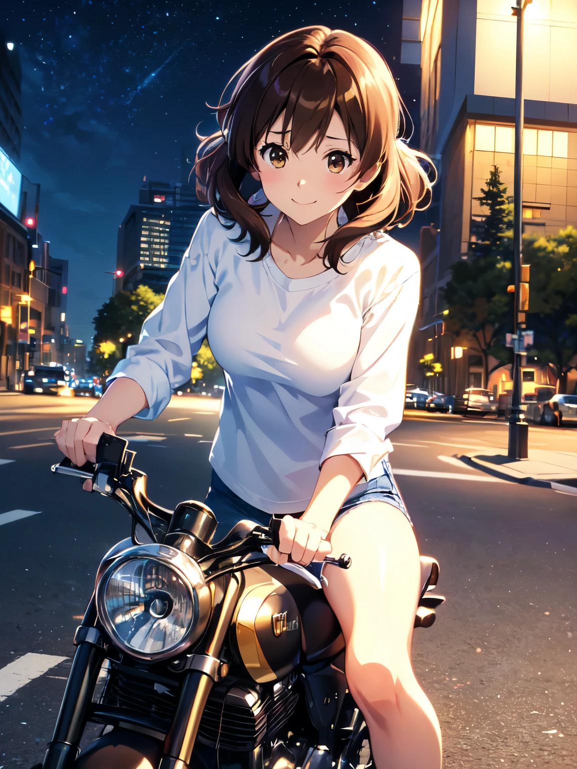 Ultra-precision,masterpiece,(Anime illustration style)、a woman in a white shirt, dark jeans, Riding a motorcycle, Get on a bike、Brown Hair, bangs, Brown eyes, Night in the City, smile、,(Realistic, Clenched hands,Genuine, Genuine的、Realistic:1.2), (Flowing Scenery:1.3),run、Highest quality、 Cowboy Shot
