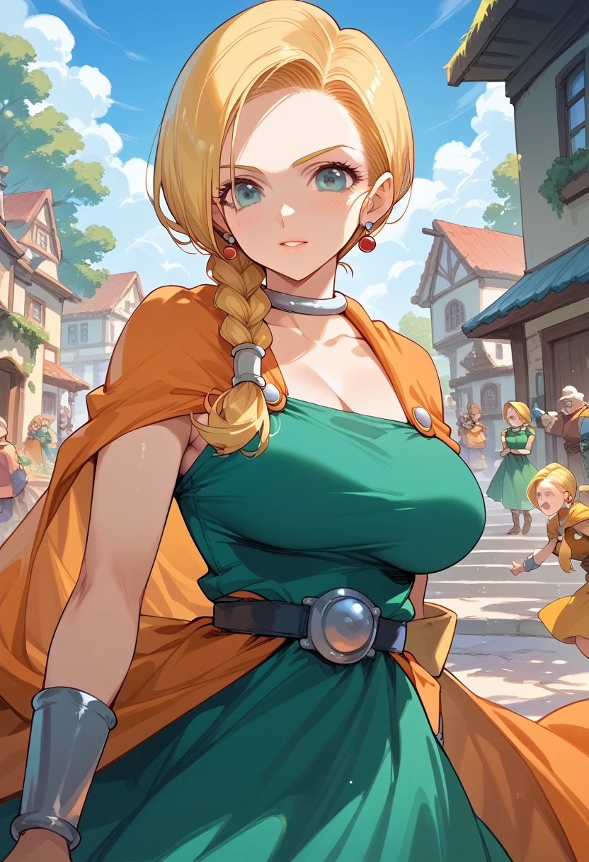 masterpiece,High resolution,Highest quality,8k
(Dragon Quest,Bianca Whitaker)
(Mature Woman,blonde,Braid,Big Breasts)
(Green Dress,Orange Cape)