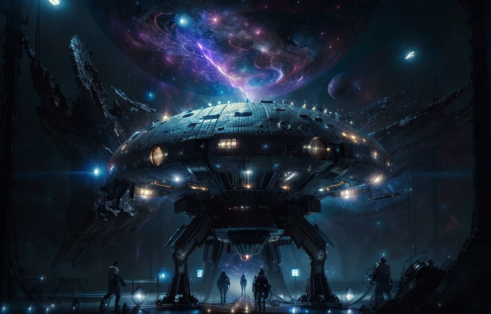 A huge spaceship,full bodyesbian，Solo，Spaceships in the Avengers，seen from outside，(multiple lighting sources:1.5),Detailed hull details,Walking through a wormhole，Cosmic galaxy background,Escaped spaceship,((Best quality)), ((Masterpiece)), (Epic composition:1.2), (unreal 5 render:1.1)