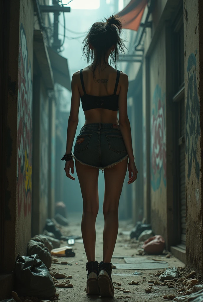 amigas em um beco escuro e sujo, with graffiti on the walls. se beijando. panorama shot. Noite escura e chuvosa, where the only source of light is neon. Imagem no estilo neo noir