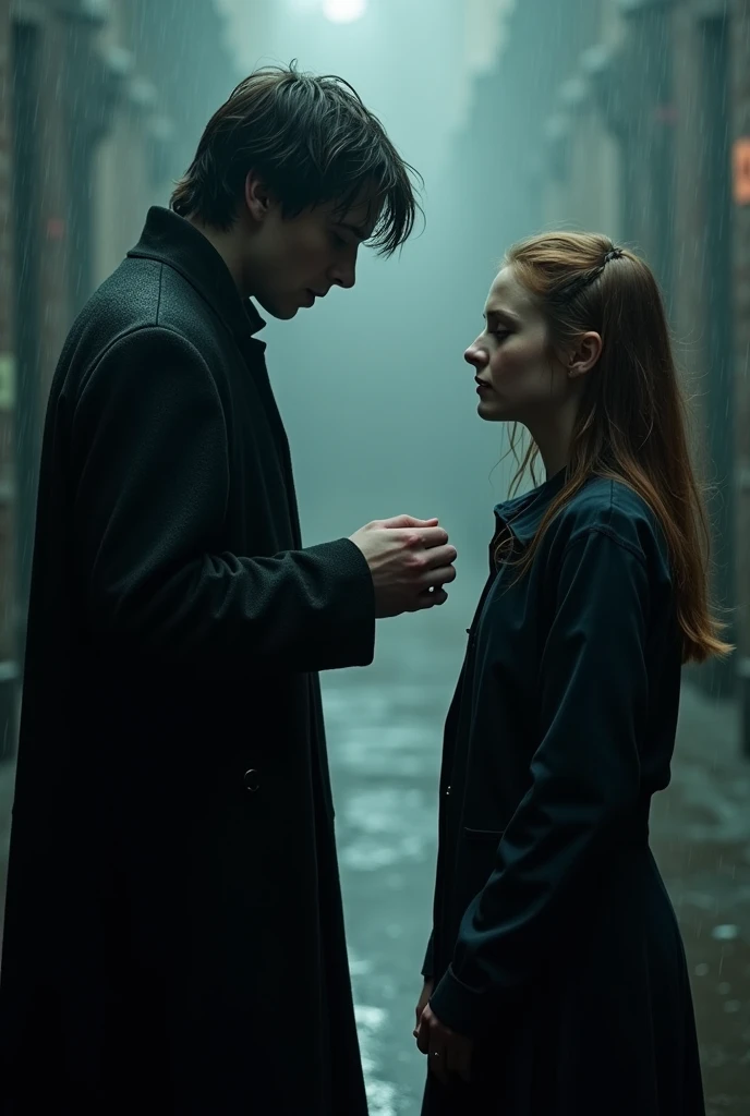 A tense and intimate moment between Tom Riddle, portrayed by Tom Hughes, and Hermione Granger, played by Emma Watson, in a dimly-lit, rain-soaked setting. The two characters stand face to face, eyes locked, with Tom's pupils dilated in a mesmerized gaze. Hermione's cheeks are flushed with a rosy hue, and her usually neat hair is damp and slightly disheveled from the relentless rain. The atmosphere is heavy with anticipation as Tom, his grip firm yet gentle, holds out the infamous Gaunt ring to Hermione. His possessive stance reveals a desperation underlying his stoic facade, a stark contrast to the vulnerability etched in his eyes. Hermione, equally desperate, reaches out to accept the ring, her hand trembling slightly. The rain creates a soft, misty backdrop that clings to their clothing and frames their intense interaction. The image captures the raw emotion of the moment as they stand, bodies almost touching, clinging to each other for support and understanding amidst the tumultuous world of magic and destiny that swirls around them. Each is lost in the other's gaze, their connection palpable as the rain continues to fall, mimicking the unspoken words and tumultuous feelings shared between them.