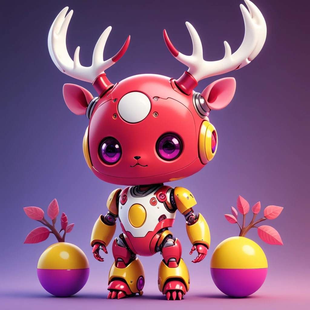 cute robot , Red Antler with primary red color palette  with purple pink white and yellow