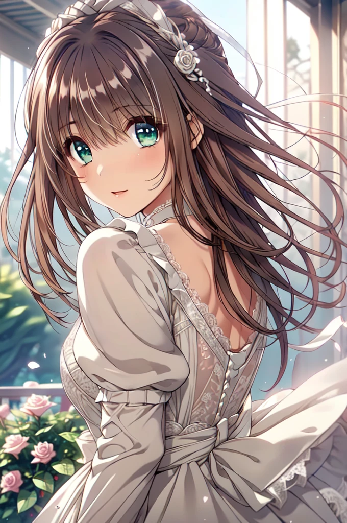 Ren Nanase, (masterpiece, Highest quality, beautifully、aesthetic:1.3), (1girl), (college age),alone, A light smile, (Silvery brown hair with reddish brown streaks:1.4), (Gradient brown hair tip:1.6), hair, Ridiculously long hair, Single Side Lock, Wavy Hair, Shiny Hair, Floating Hair, (深いGreen Eyes), Delicate eyes, Green Eyes, Very fine eye, Long upper eyelashes, compensate, Focus on the face, Very detailedフェイシャル, Pretty face, Perfect breasts, Hot body, (Delicate skin texture:1.2), Bridal Veil, lace trim dress, See through, Wedding dress, Outdoor, White Rose, garden, morning, Are standing, Very detailed,