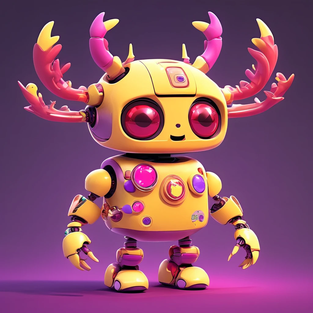 cute robot , Red Antler with primary red color palette  with purple pink white and yellow